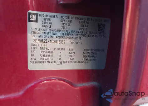 2012 Chevrolet Captiva Sport 2Ls из США, поврежденный, VIN 3GNAL2EK1CS616389